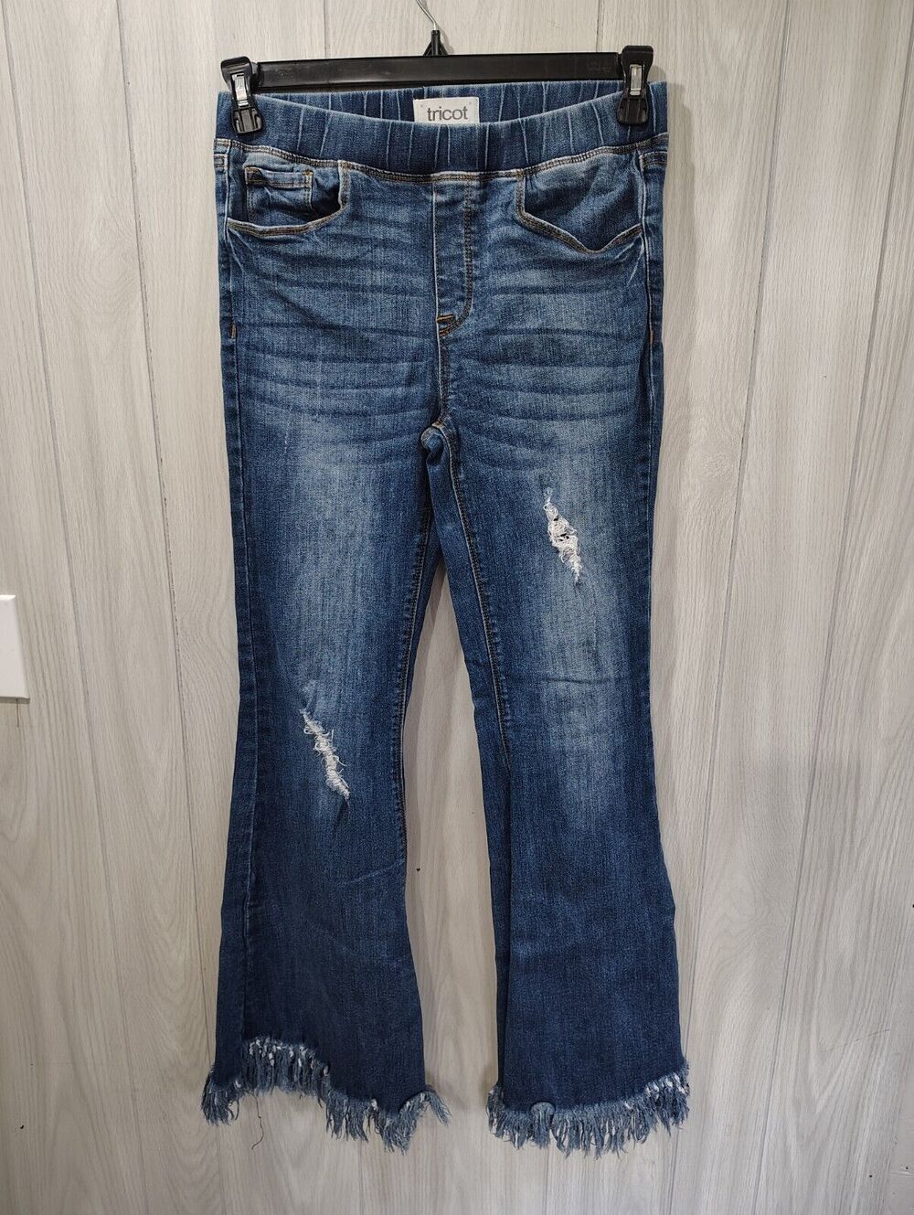Women's Tricot Distressed Flare Fringes Denim Jeans Size M Boho Retro